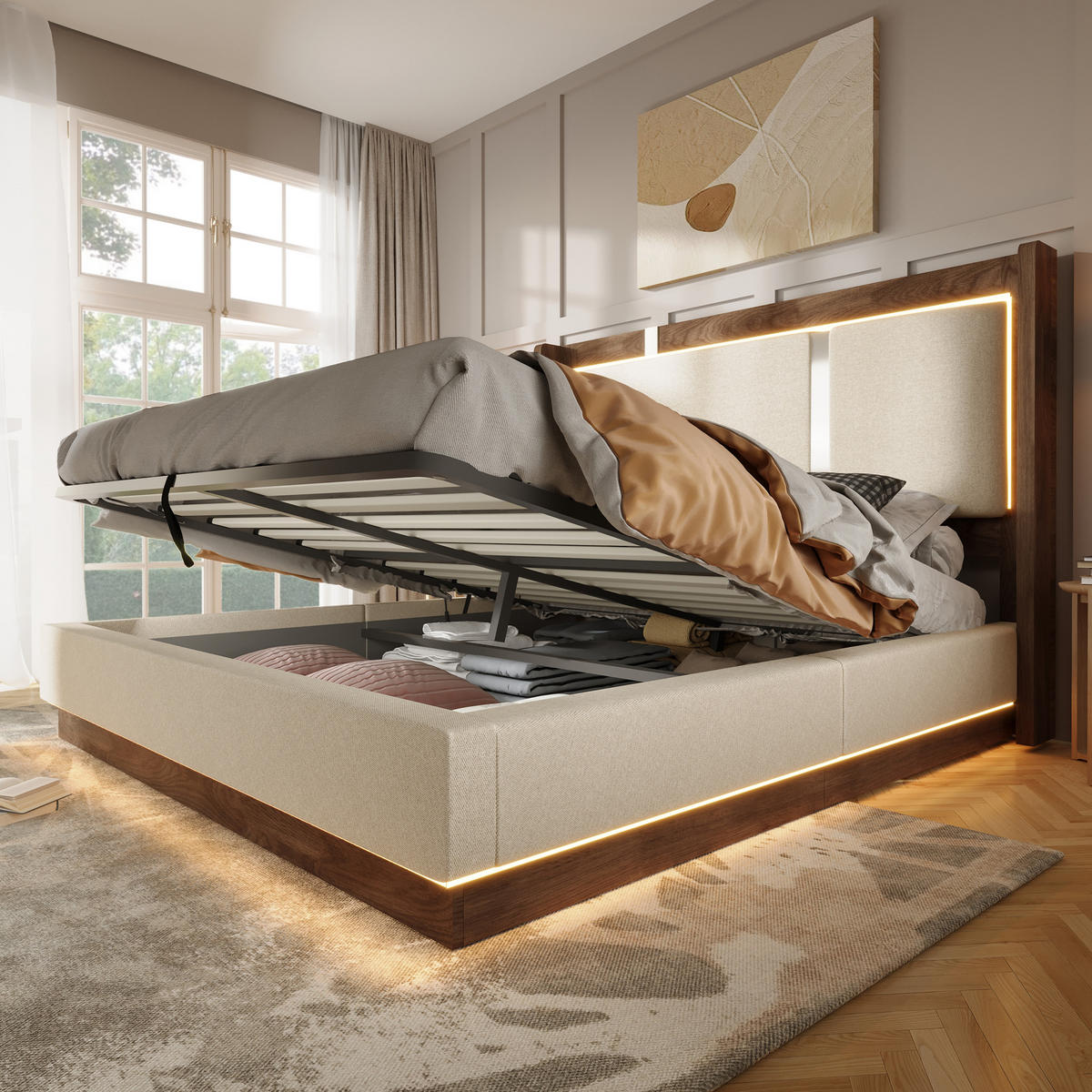 POLSTERBETT 140/200 cm in Beige mit LED und Bettkasten - Beige, Holzwerkstoff/Textil (140/200cm) - WISHDOR