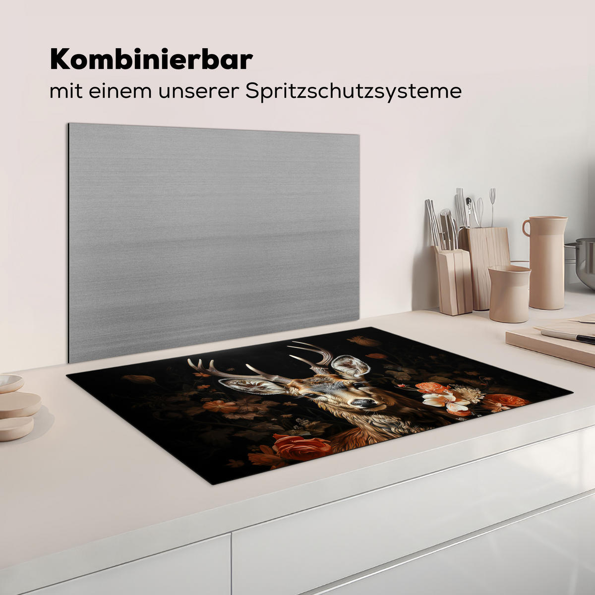 KRYT NA INDUKČNÍ DESKU Jelen - Zvíře - Květiny - Příroda - Botanický 81.2x52 cm - měděná, plast (81.2/52/0.2cm) - MuchoWow