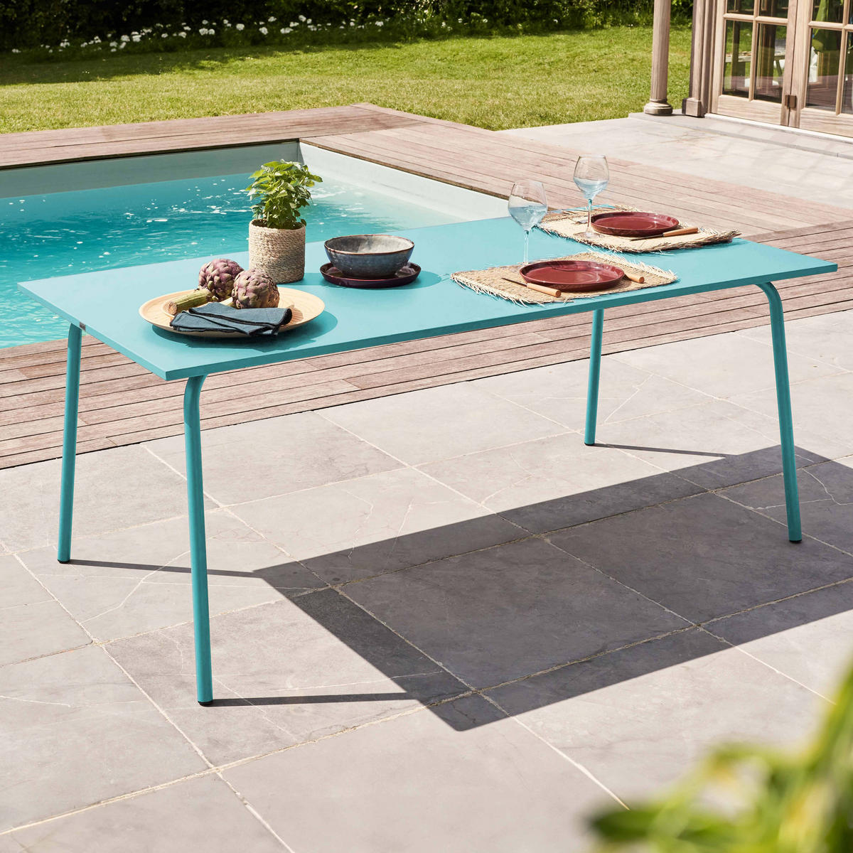 GARTENTISCH , Türkisblau - Hellblau, Metall (180/90/72cm) - Oviala