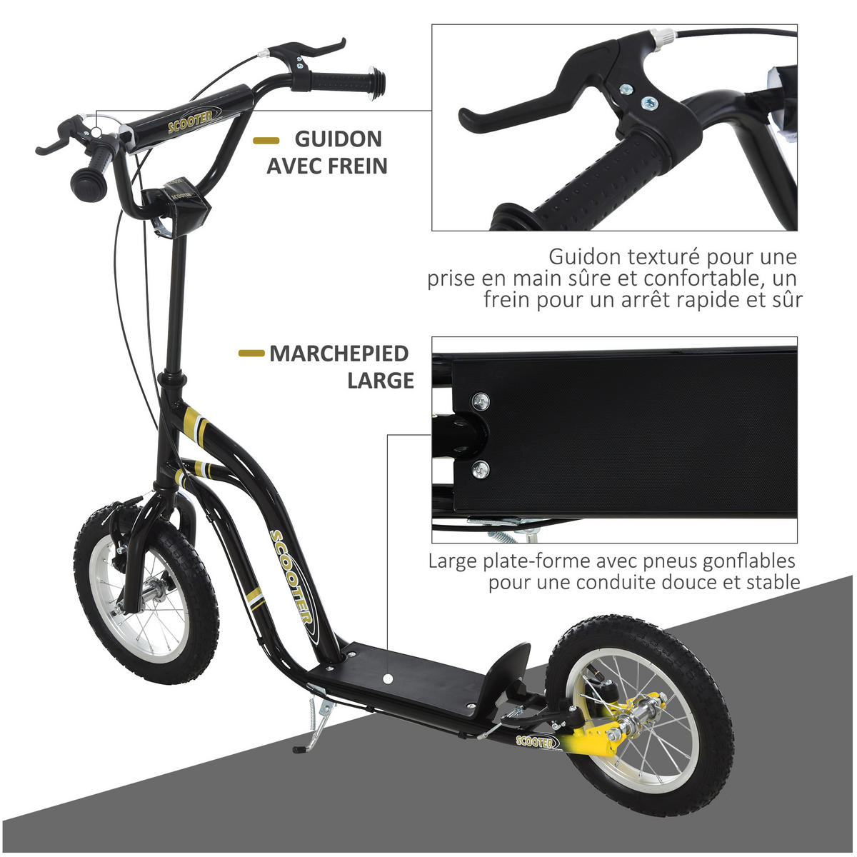 KINDERSCOOTER DE-16927 12 Zoll Luftreifen + Doppelbremse Schwarz - Schwarz, Metall (120/58/95cm) - ComfortXL