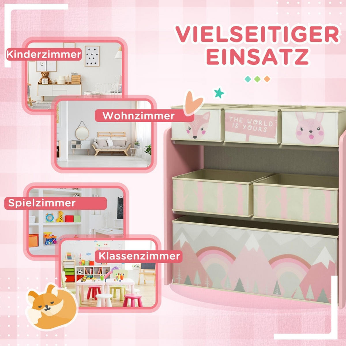 KINDERREGAL DE-09565 6 Stoffboxen mit niedlichem Motiv Rosa - Pink, Holzwerkstoff (63/66/30cm) - ComfortXL