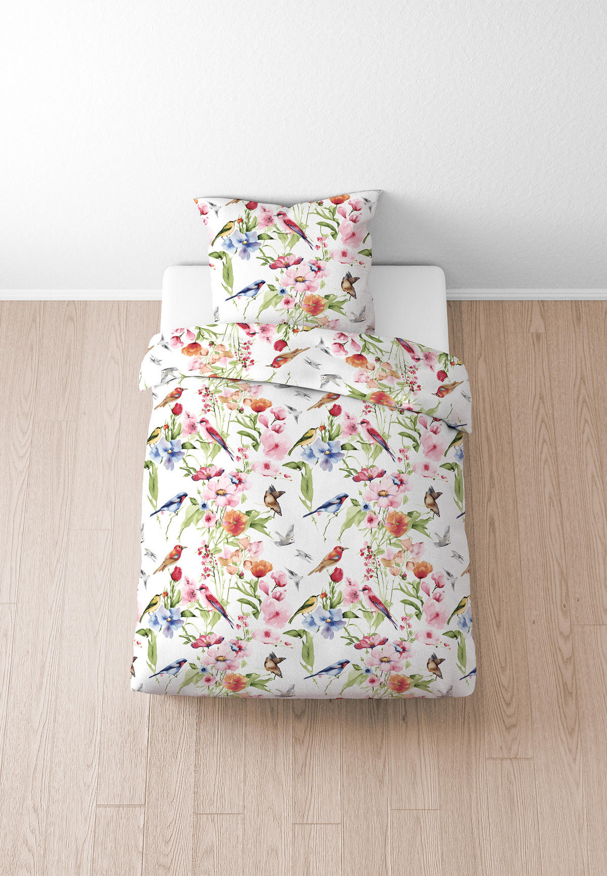BETTWÄSCHE-GARNITUR Satin Birdie weiss, 135x200 cm + 80x80 cm - Weiß, Textil (135/200cm) - biberna