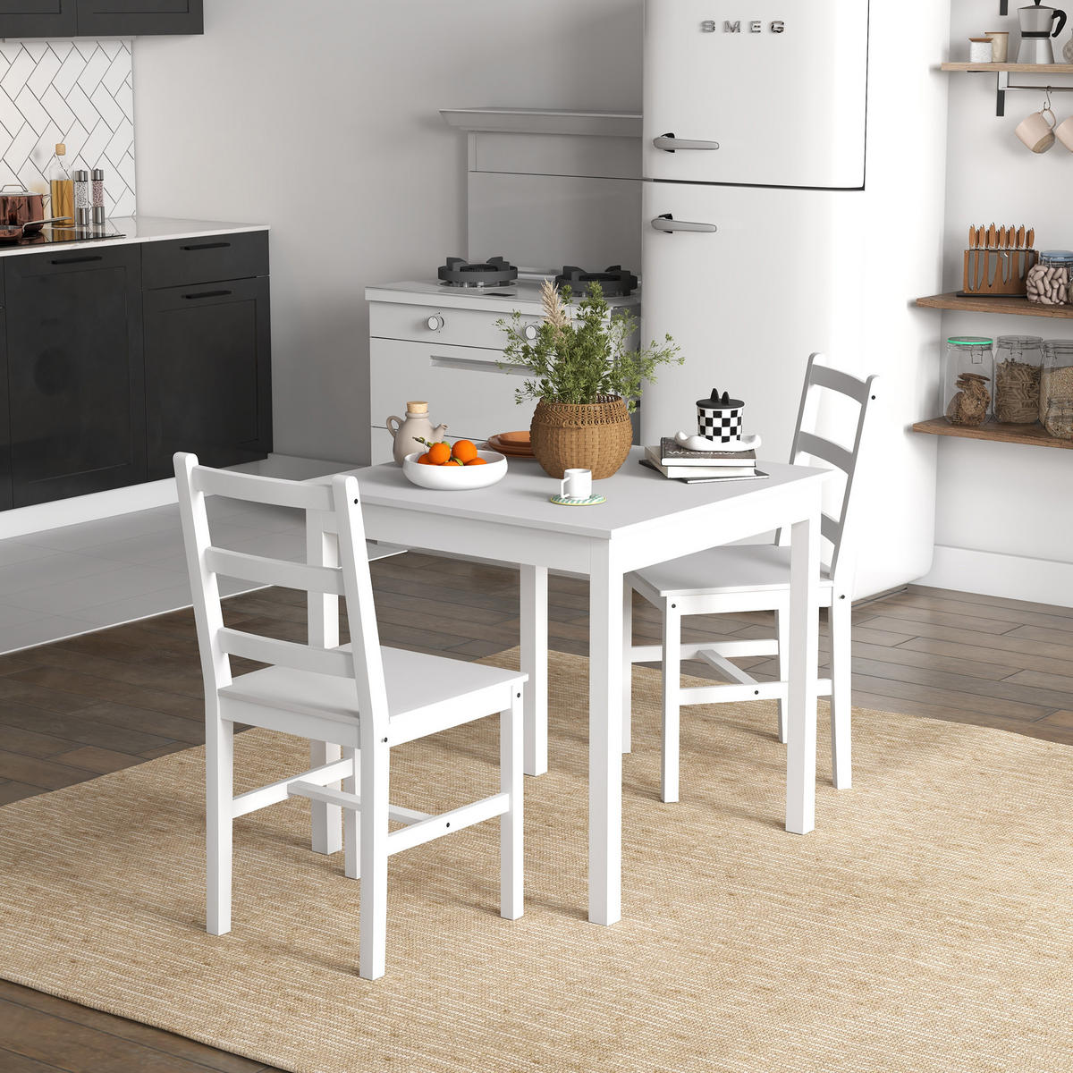 ESSGRUPPE 3er-Set, Esstisch mit 2 Stühlen, Küchentisch-Set für 2 Personen, Holz - Weiß, Holz (75/75/75cm) - HOMCOM