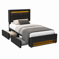 POLSTERBETT mit USB, LED und 4 Schubladen 90x200 cm PU Schwarz - Schwarz, Metall (90/200cm) - Meubliv
