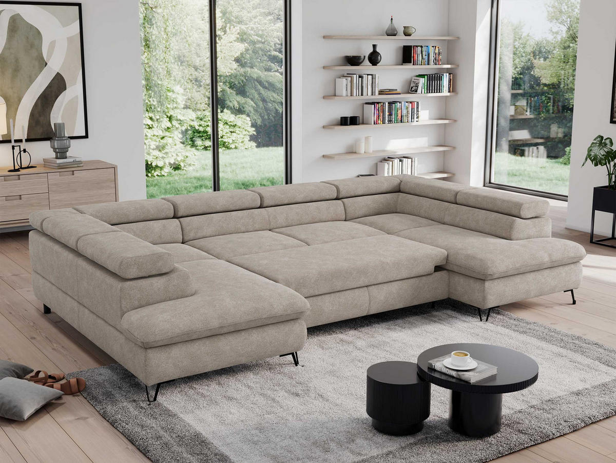 WOHNLANDSCHAFT PEDRO U Struktur Beige - Beige/Schwarz, Textil/Metall (346/76/208cm) - MKS