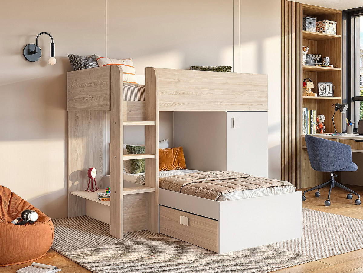 ECK-HOCHBETT modulierbar - 2 x 90 x 190 cm - mit Stauraum - Holzfarben & Weiß + Matratze - RICARDO - Naturfarben/Weiß, Holz (111/255cm) - Vente-Unique