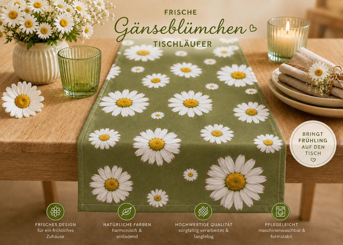 TISCHLÄUFER 40x85 cm Oliv Tischdecke modern Gänseblümchen Frühling Sommer Garten - Olivgrün, Textil (40/85cm) - TiborTex