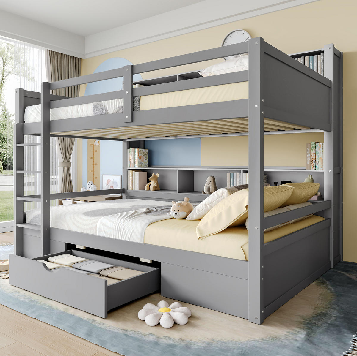 ETAGENBETT 90/200 cm aus Kiefern mit Schublade und Ablagefächern, Grau - Grau, Holzwerkstoff (90/200cm) - Redom