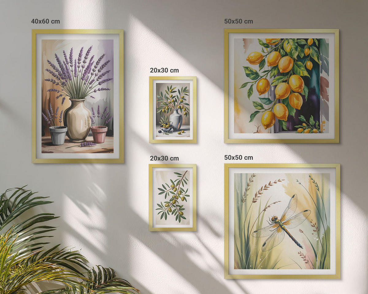 BILDER SET 5er Set - 50x50 cm & 20x30 cm & 40x60 cm Goldrahmen - Lavendelblüten und Architektur - Goldfarben, Kunststoff (40/60cm) - TULUP