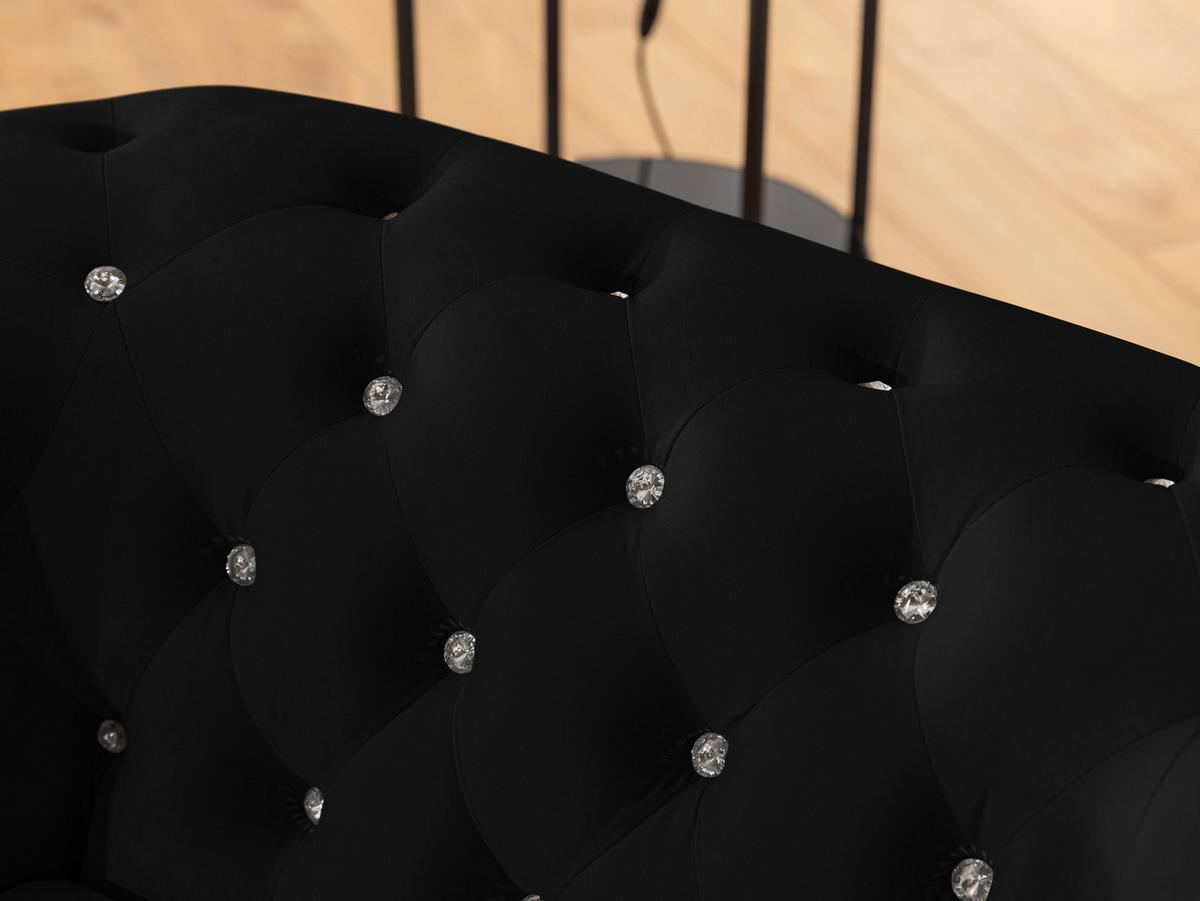 SITZGARNITUR 3+2 Chesterfield Cleo Blink Schwarz Samt mit Kristallsteppung und braunen Massivholzfüßen - Schwarz/Braun, Holz/Textil (203/72/86cm) - S-Style Möbel