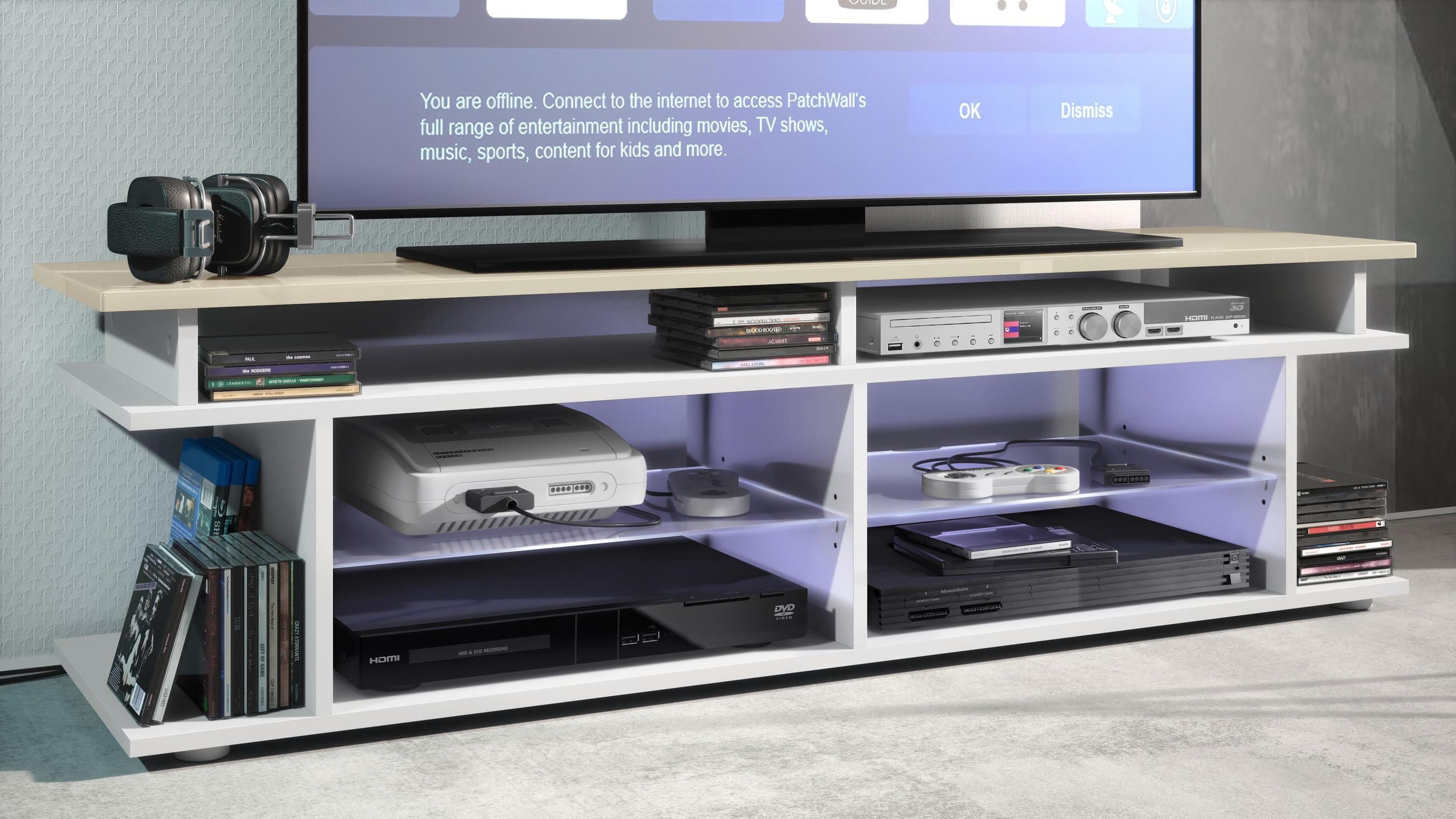 LOWBOARD Movie Platte des TV-Aufsatzes in Creme Hochglanz - Creme, Holzwerkstoff (138.5/39/37.5cm) - Vladon
