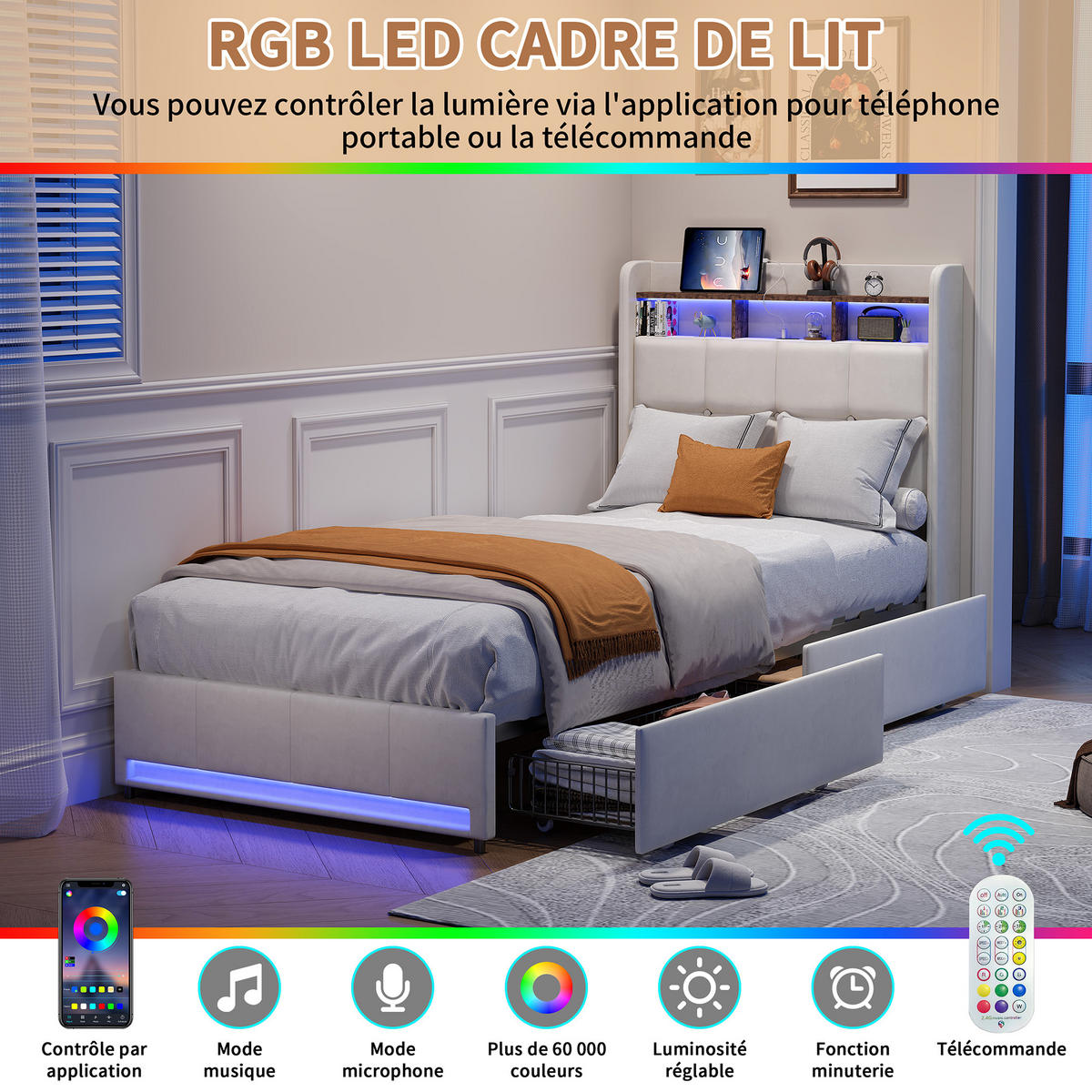 BETT 90x200 cm mit Schubladen, Kopfteil mit Stauraum und LED-Beleuchtung, USB- und Typ-C-Anschlüsse, Leinenstoff, Lattenrost - Beige - Beige, Holzwerkstoff (90/200cm) - Brevoria