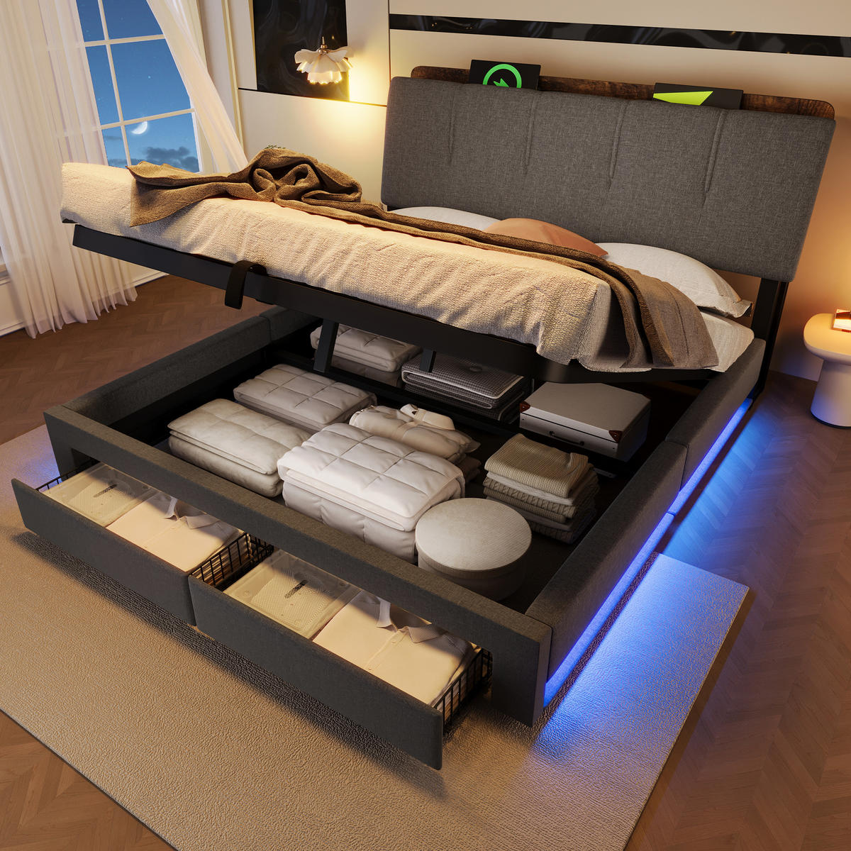 POLSTERBETT 140/200 cm in Grau Leinen mit Stauraum, LED und USB - Grau, Holzwerkstoff/Textil (140/200cm) - WISHDOR