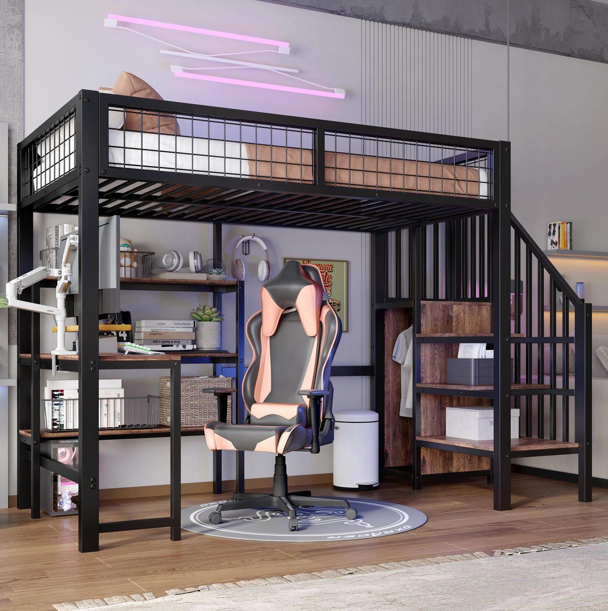 HOCHBETT 90/200 cm aus Metall und MDF mit Schreibtisch, Regalen und Kleiderschrank Schwarz/Braun - Schwarz, Holzwerkstoff (90/200cm) - Modenvie