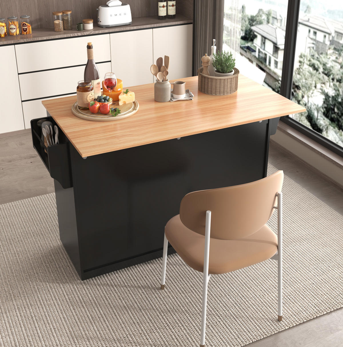 KÜCHENWAGEN mit klappbarer Tischplatte 120 x 46/70 x 91,5 cm Schwarz/Natur - Schwarz, Holz (71/91.5/120cm) - Beauniv