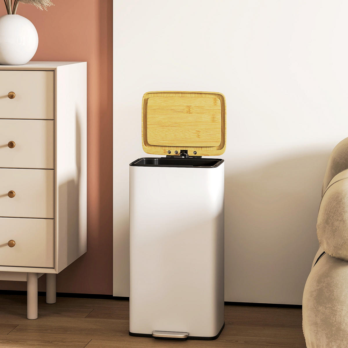 TRETEIMER Weiß Soft-Close Pedal 20L - Naturfarben, Holz (29.5/56.8/29.5cm) - PANGIVO