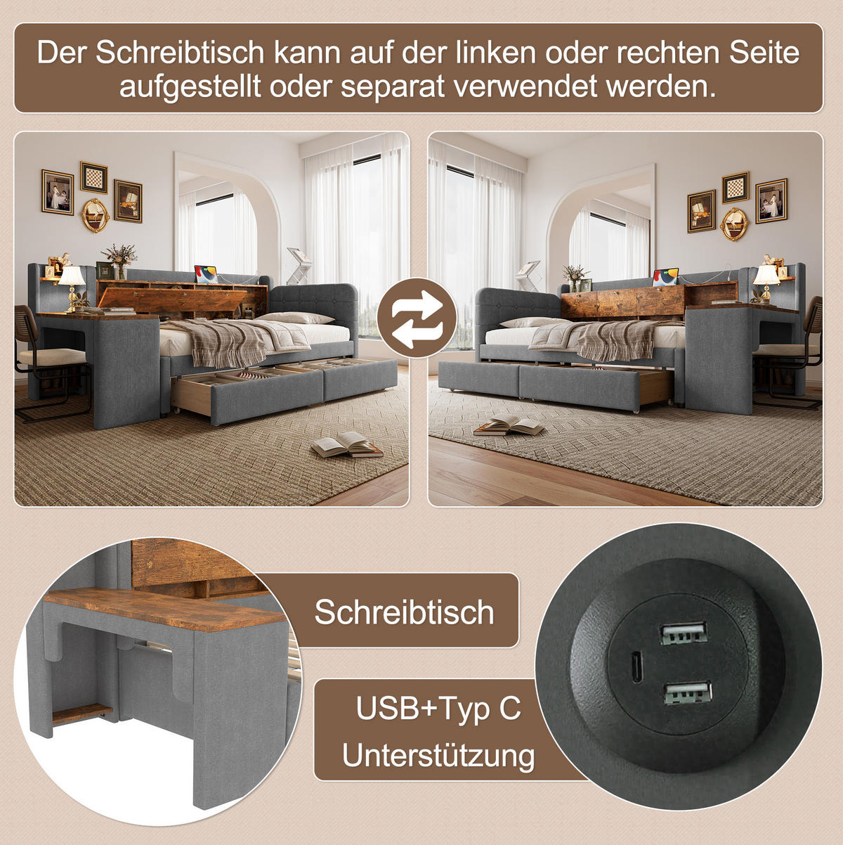 ČALOUNĚNÁ postel 90/200 cm s výsuvným úložným prostorem, psacím stolem a USB/Type-C, Šedá - šedá, textil (90/200cm) - Redom