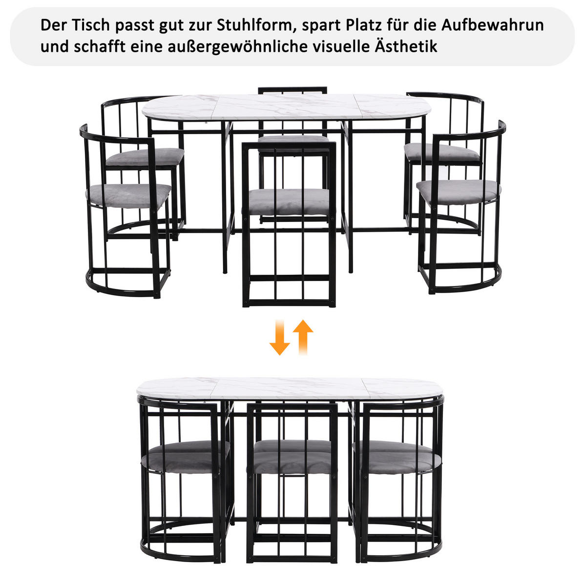 ESSTISCHSET mit 6 Stühlen Weiß Schwarz - Schwarz, Metall (80/76/140cm) - Meubliv