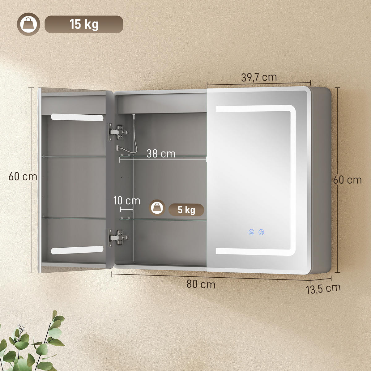 SPIEGELGLAS mit Sicherheitsglas aus Aluminium Silber - Silberfarben, Glas (13.5/60/80cm) - HOMCOM