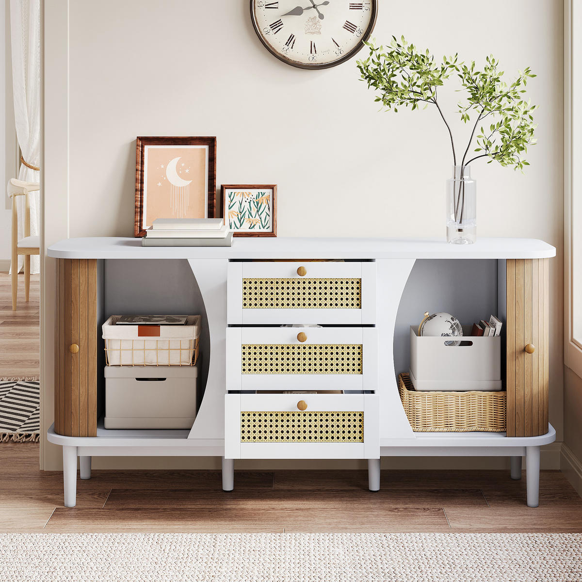 SIDEBOARD in Weiß und Rattan 140,5/40/76 cm - Weiß, Holzwerkstoff (40/76/140.5cm) - Urban Meuble