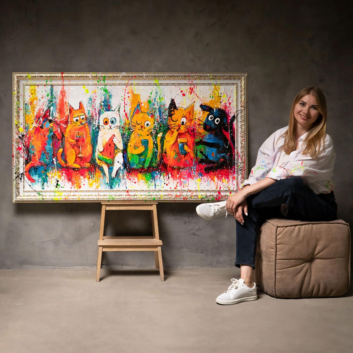 GEMÄLDE Katzen, Farbe, Spaß Schattenfugenrahmen Weiß 160x80 cm - Weiß, Holz (160/80cm) - YS-art gallery