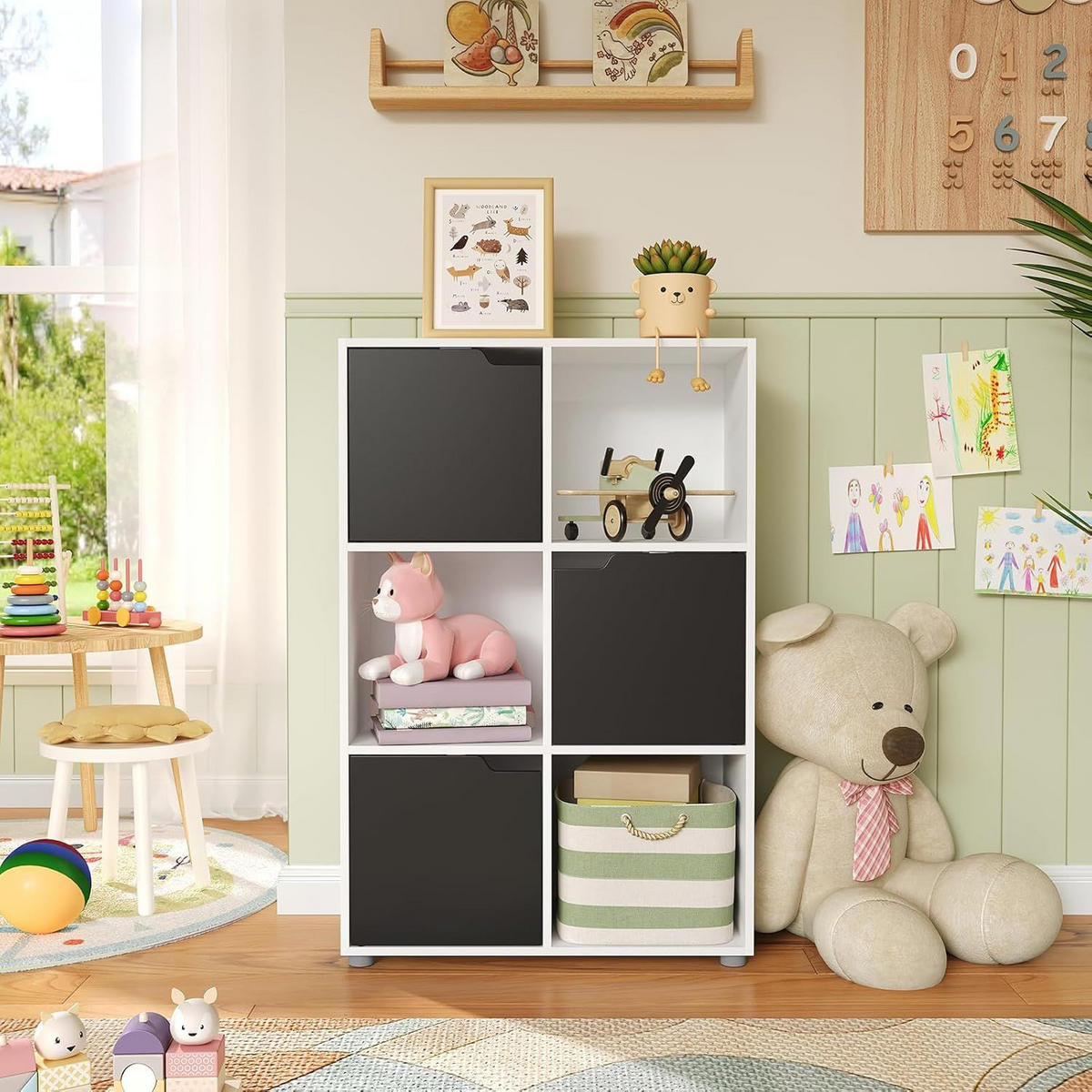 REGALE Bücherregal mit 3 Türen, 6 Fächer, Weiß+Schwarz - Schwarz/Weiß, Holzwerkstoff/Kunststoff (59.6/91/29cm) - Woltu