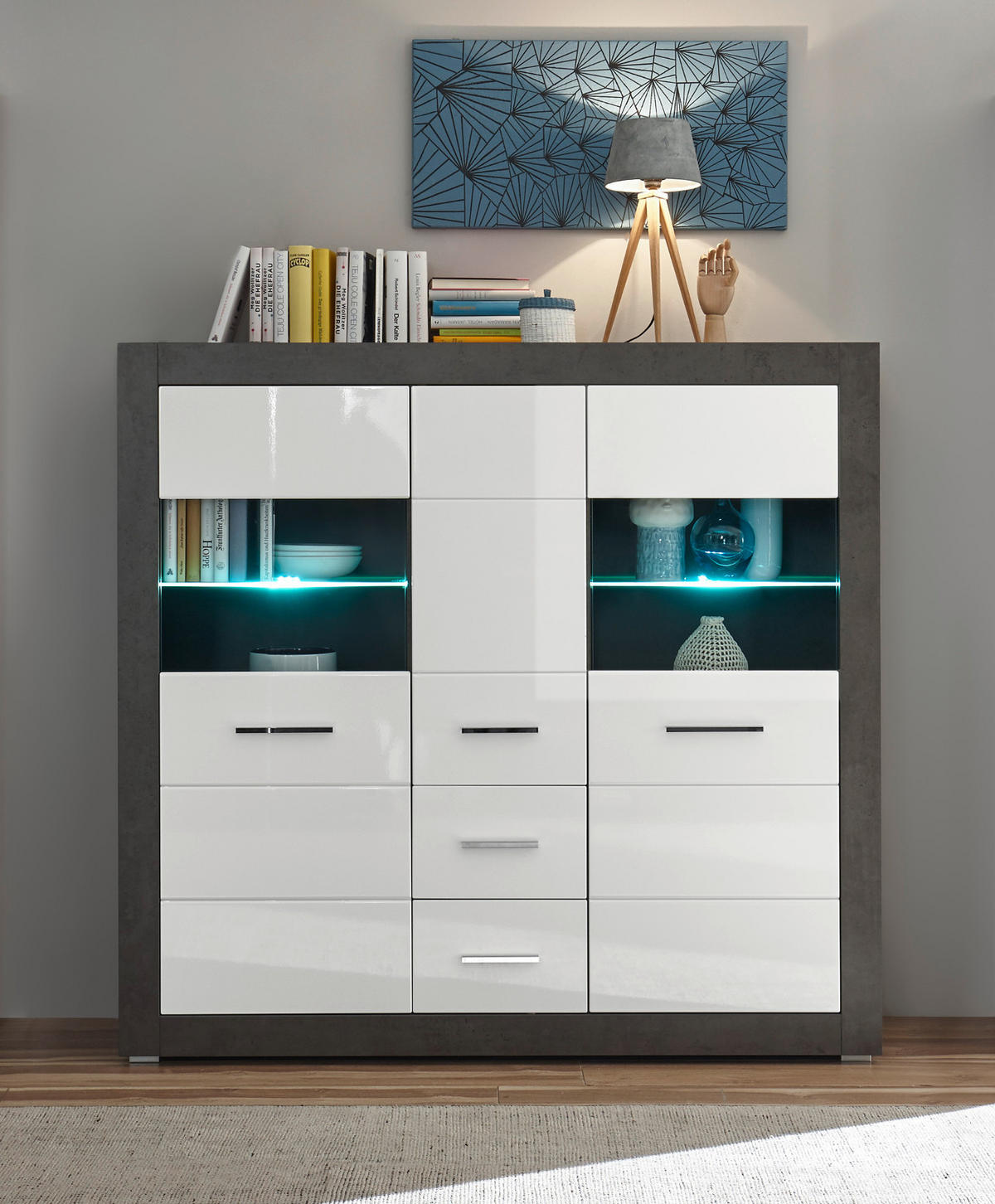HIGHBOARD weiß Hochglanz, grau Stone 149 cm, Vitrine mit viel Stauraum - Chromfarben/Weiß Hochglanz, Glas/Holzwerkstoff (149/142/42cm) - Furn.Design