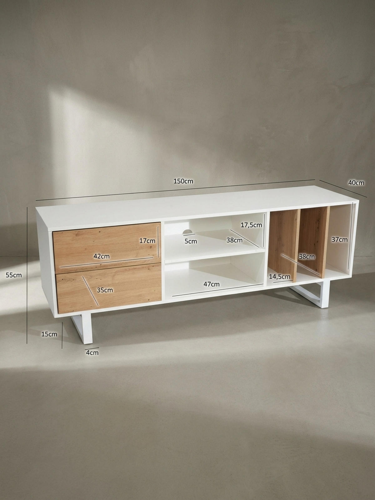 TV-LOWBOARD mit Eiche-Dekor, Schubladen und offenes Regal, modern, Weiß 150x40x55 cm - Weiß, Holzwerkstoff/Metall (150/55/40cm) - KADIMA DESIGN