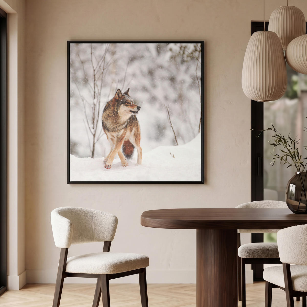 LEINWAND Bilder mit Rahmen - Wolf - Winter - Schnee - Natur - Tiere - 90x90 - Haselnussfarben, Textil (90/90cm) - MuchoWow