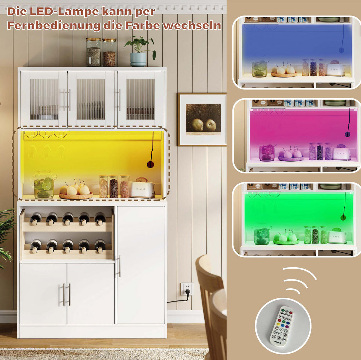 BUFFETSCHRANK 100/40/180 cm aus MDF mit RGB-LED, Steckdose, Weinregal und Riffelglastüren, Weiß - Weiß, Holzwerkstoff (100/180/40cm) - Redom