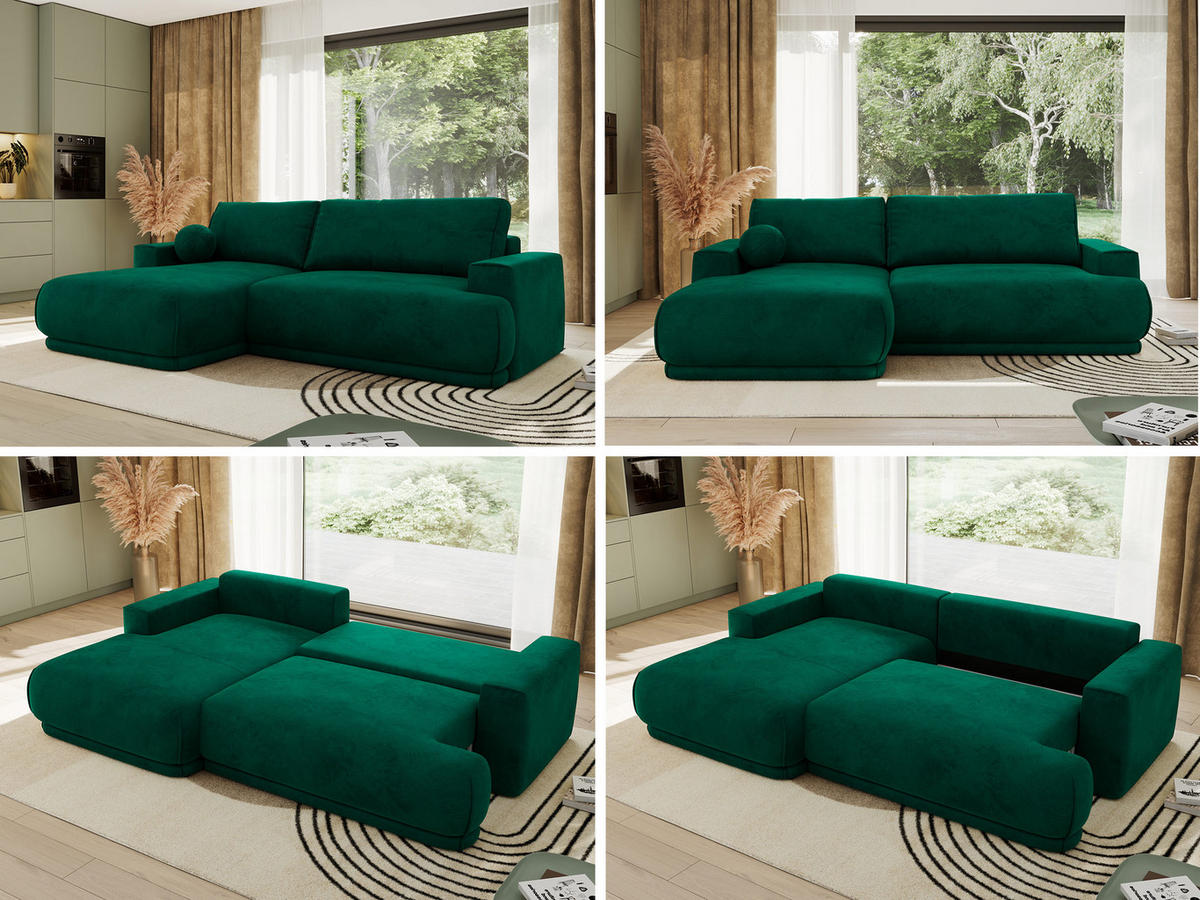 ECKSCHLAFSOFA RINA L Dunkelgrün Velvet - links - Dunkelgrün/Schwarz, Kunststoff/Textil (267/170cm) - MKS