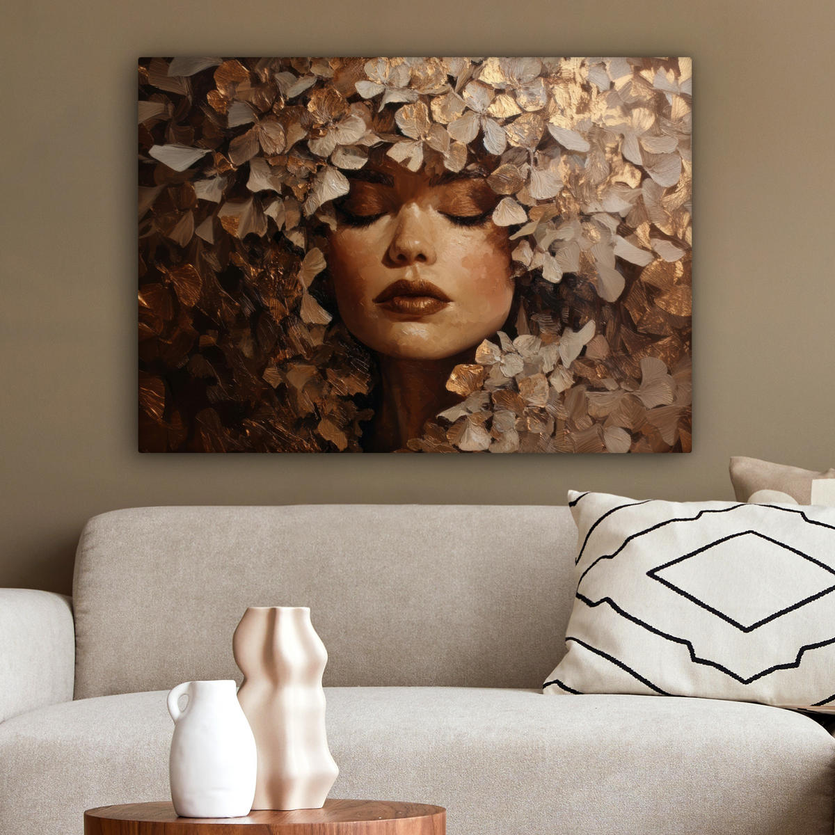 LEINWANDBILD Gesicht - Dame - Blätter - Pinselstriche Wandbilder 80x60 cm - Goldfarben, Textil (80/60cm) - MuchoWow