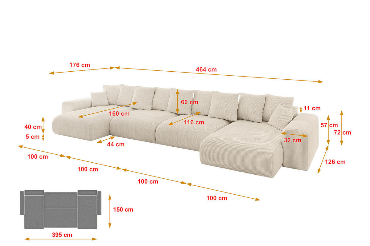 WOHNLANDSCHAFT mit Schlaffunktion ESKAR-U2-464x176x72cm Beige - Ecru, Holzwerkstoff/Kunststoff (176/72/464cm) - ALTDECOR