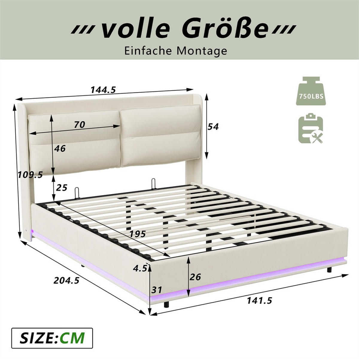 POLSTERBETT 140x200 cm - mit LED & Ladefunktion und hydraulischem Bettkasten - ohne Matratze - Off-White - Creme, Textil (140/200cm) - DELFA