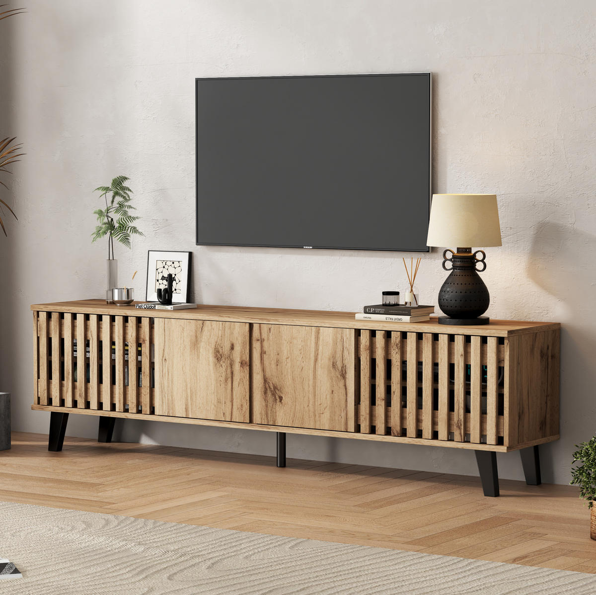 TV-LOWBOARD 180/40/55 cm mit 4 Türen und 8 Fächern in Naturholzfarbe - Hellbraun, Holzwerkstoff (180/55/40cm) - BEAOK