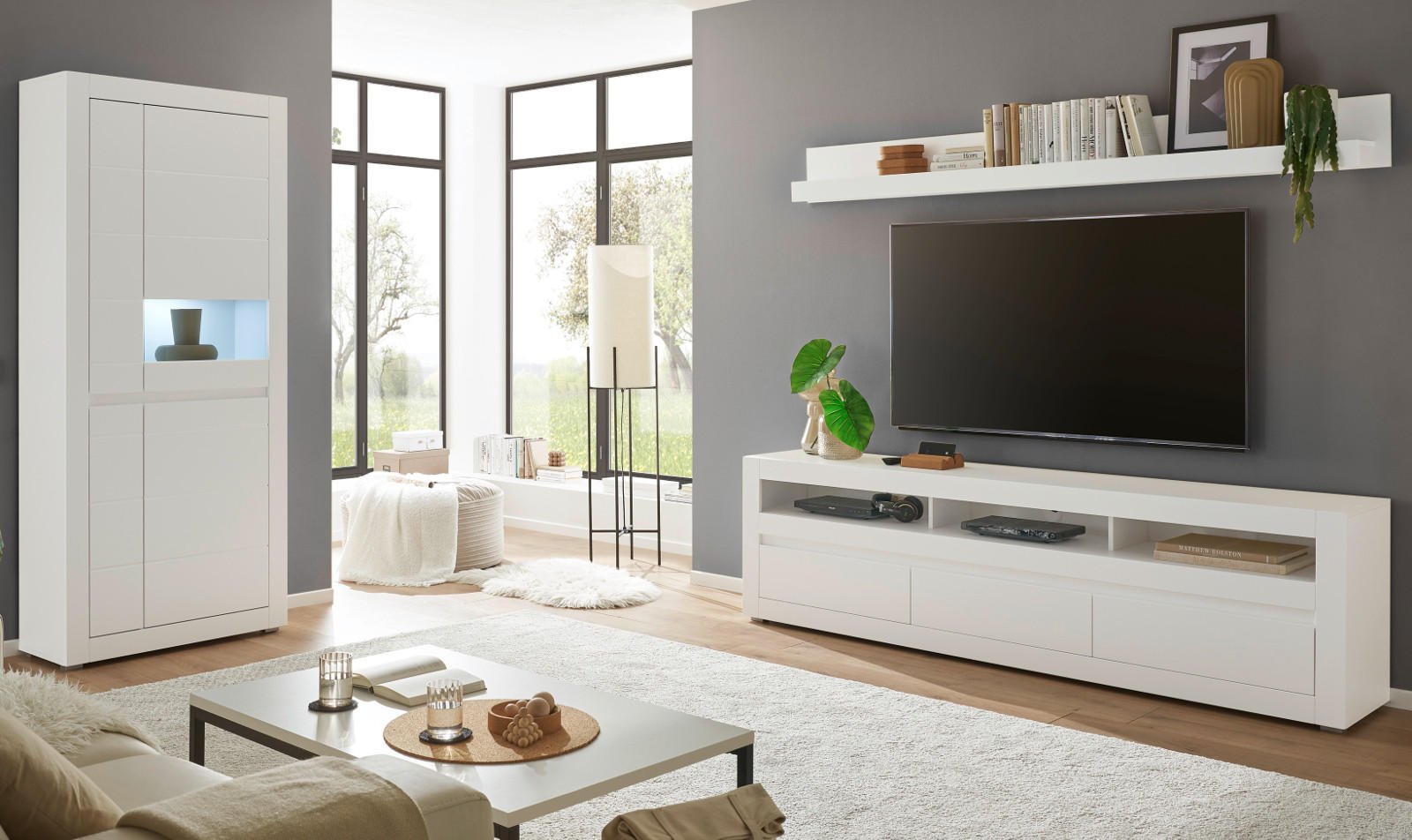 WOHNWAND weiß matt, Evoke Eiche, Wohnkombination 3-teilig, Soft-Close-Funktion - Eichefarben/Silberfarben, Holz/Holzwerkstoff (312/198/42cm) - Furn.Design