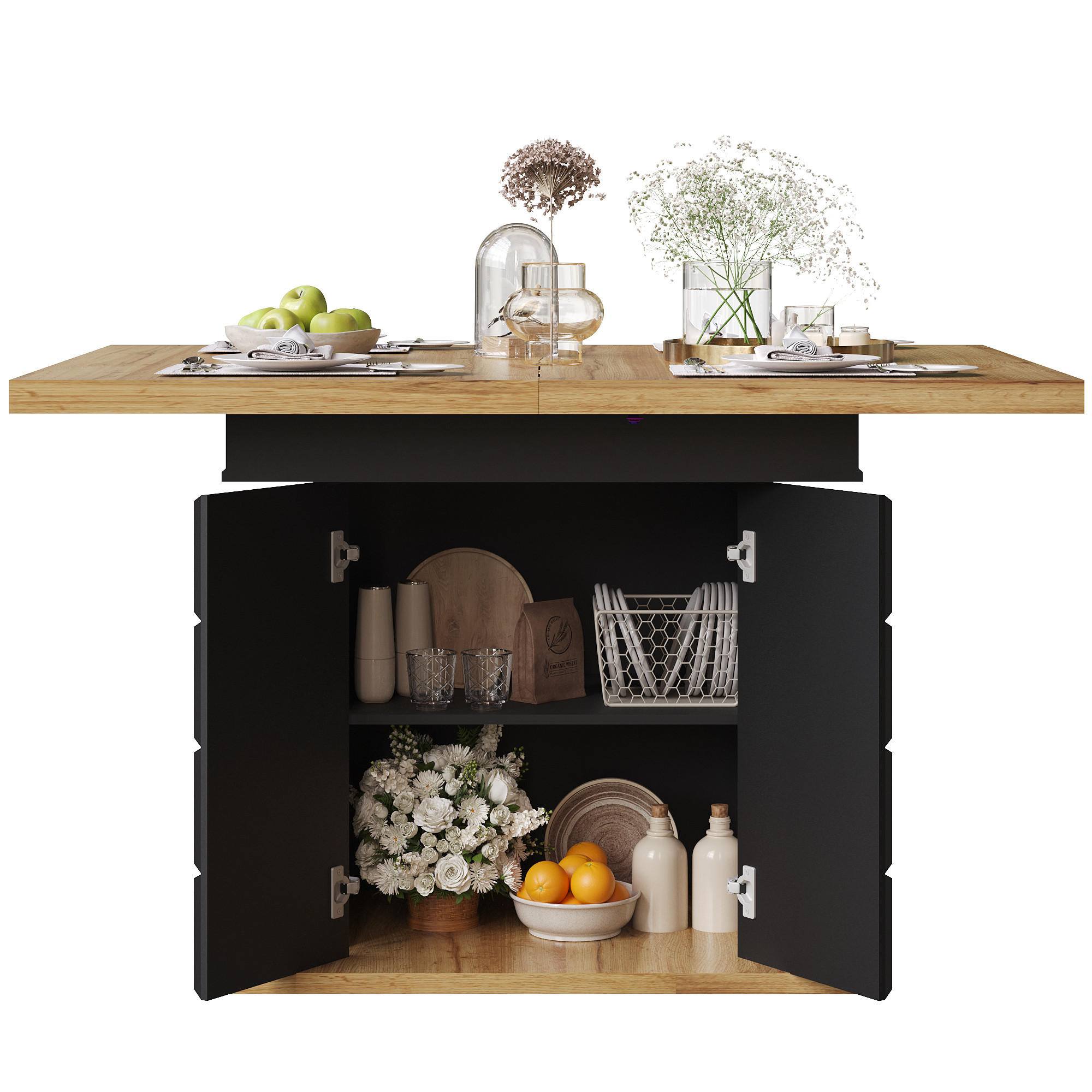 AUSZIEHTISCH 110-140/80/75 cm in Schwarz/Natur mit Stauraum für 4-6 Personen - Schwarz, Holzwerkstoff (110/80/75cm) - BEAOK