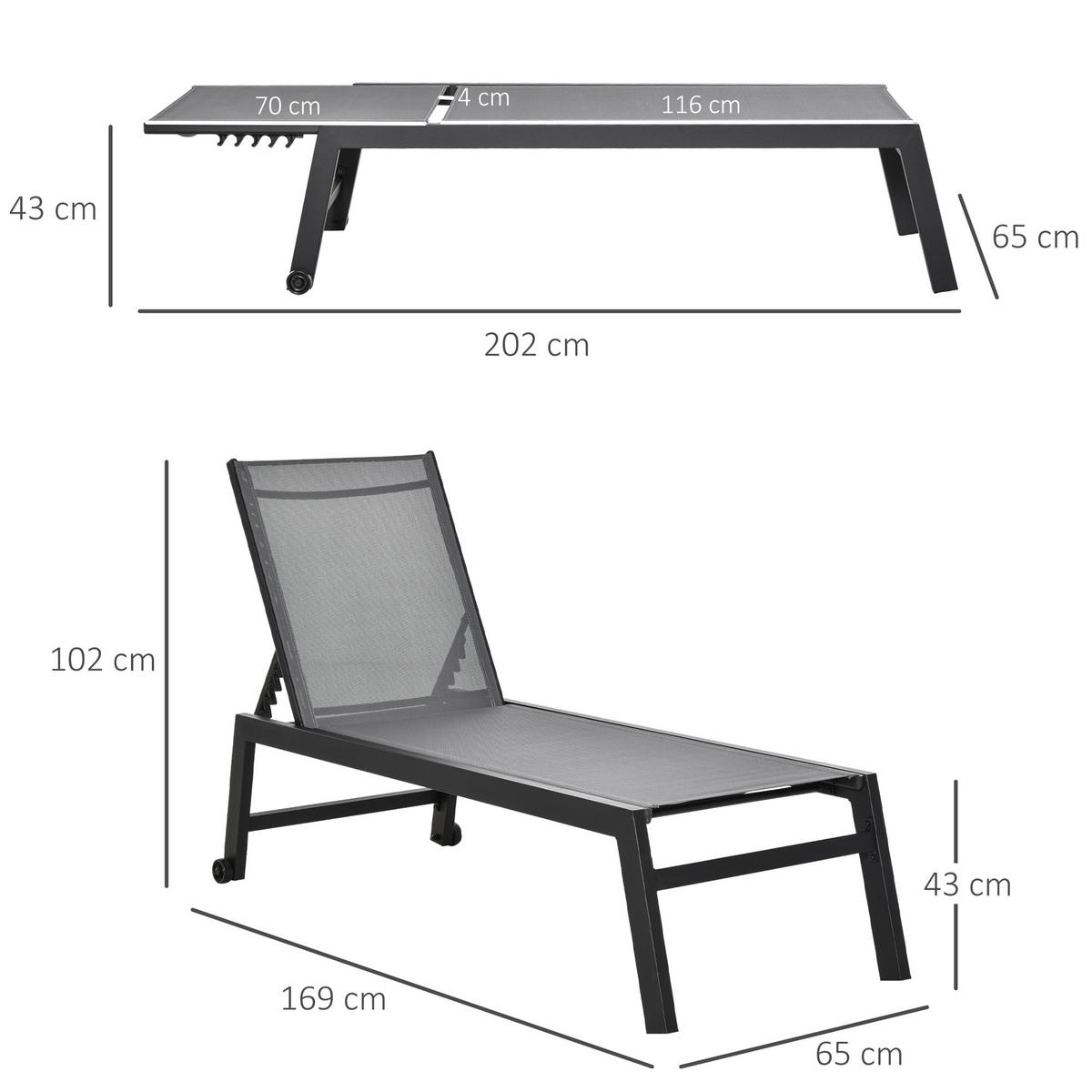 GARTENLIEGE - Grau, Kunststoff/Metall (65/102/169cm) - Outsunny
