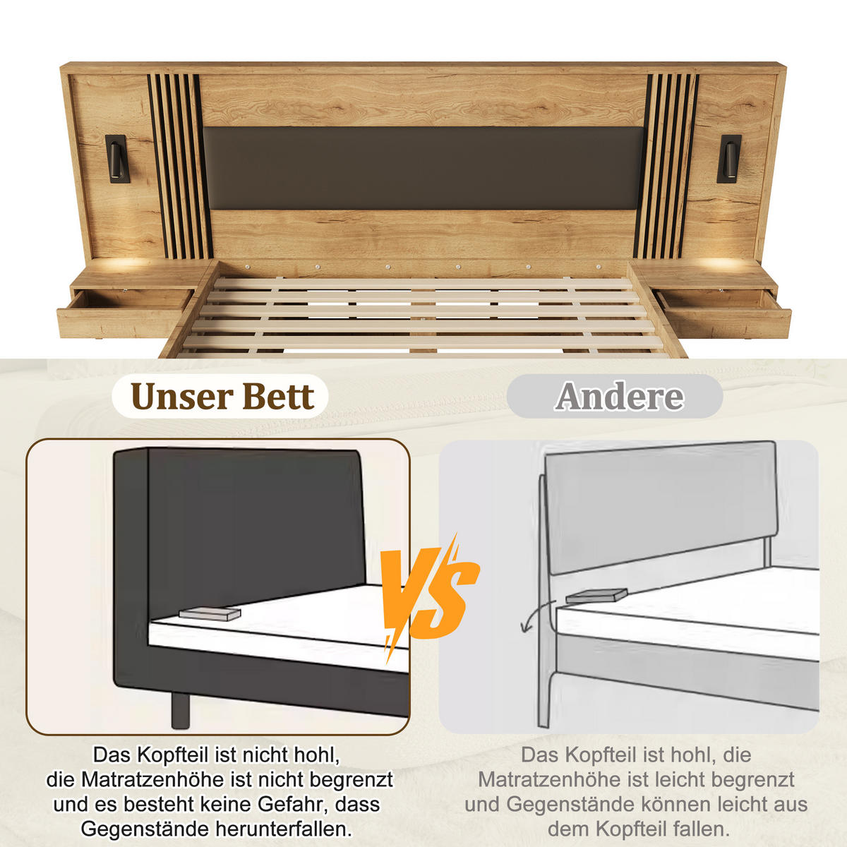 BETT 160/200 cm in Natur mit Schublade, Stauraum, Leselampen und Nachttischen MDF modern - Naturfarben, Holzwerkstoff (160/200cm) - STILVORA