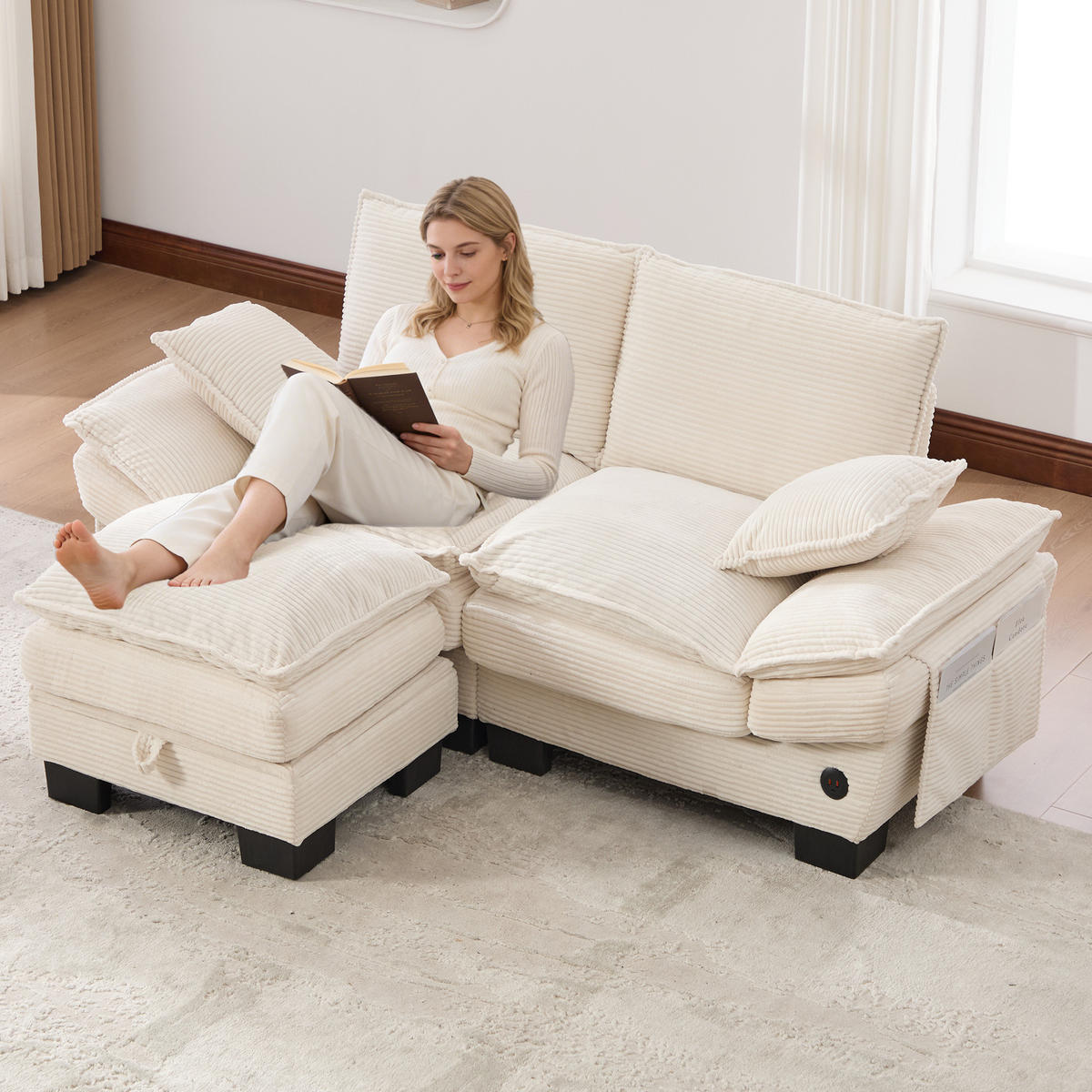 2-SITZER Sofa aus Corduroy 190x132x84 cm mit Hocker & USB-C, beige - Beige, Textil (132/84/190cm)