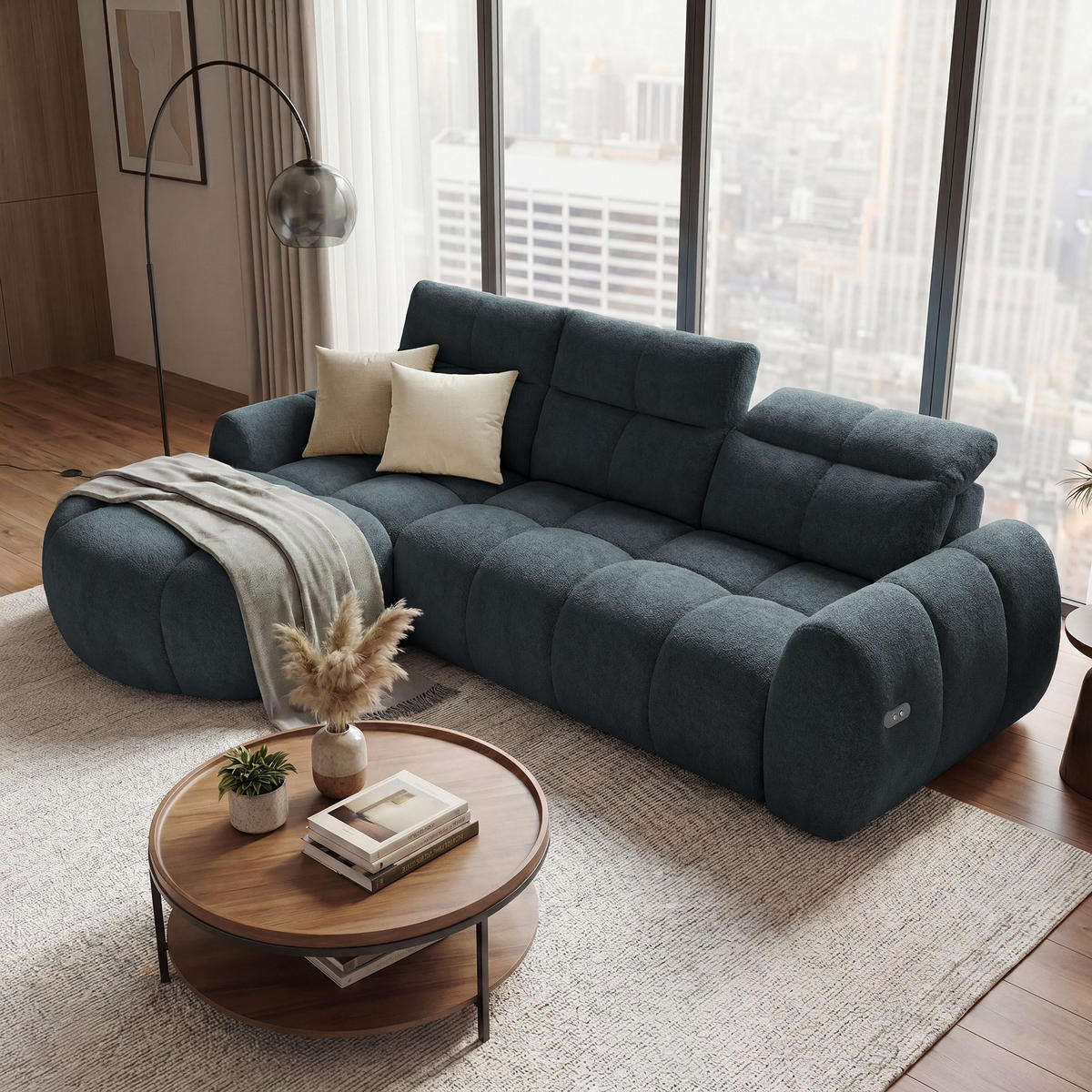 ECKSOFA Sorel Mini mit Automatisch verstellbarer Sitztiefe und Kopfstützen, links, Dunkielgrau - Dunkelgrau, Textil (190/275cm) - Beautysofa