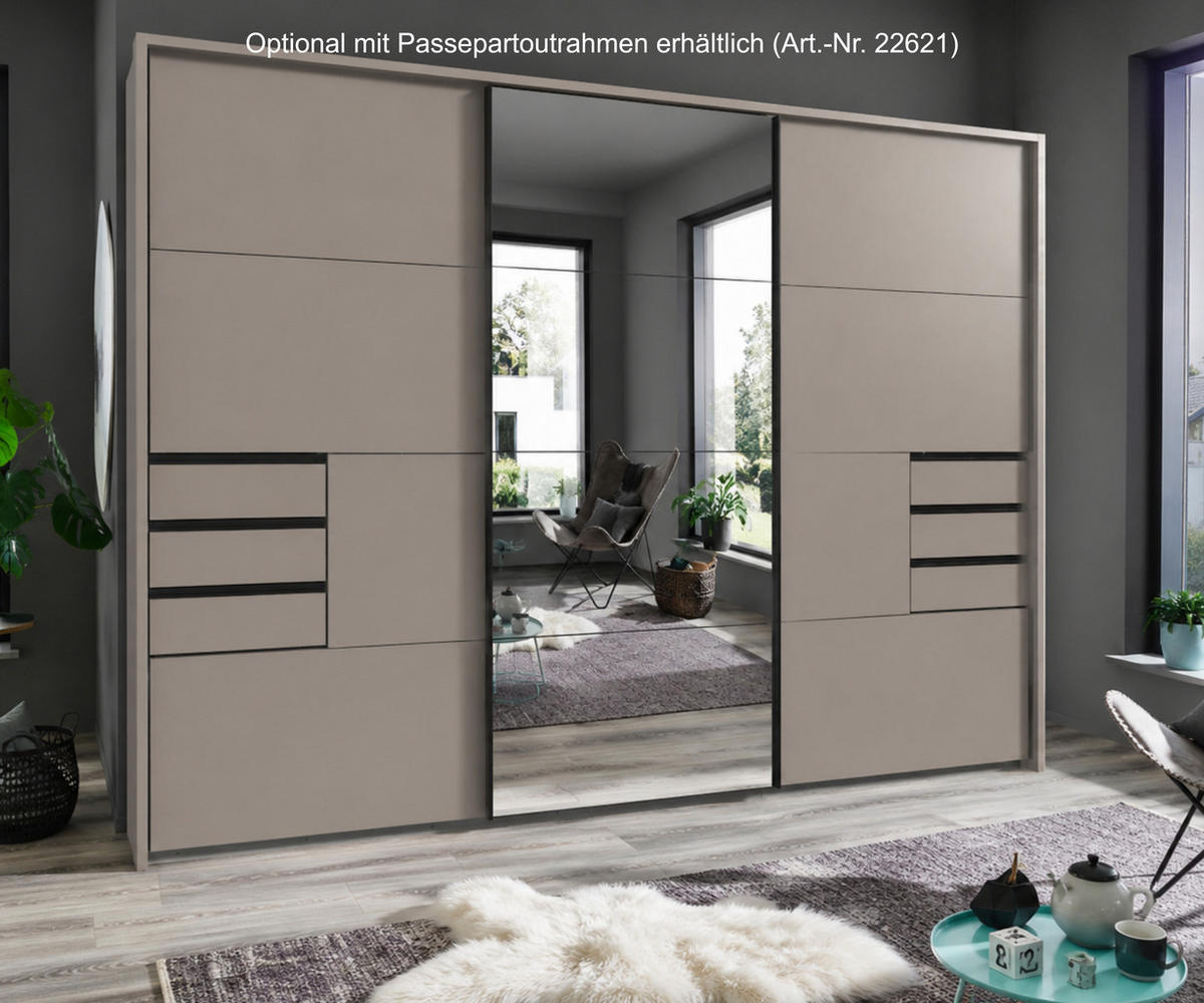 SCHWEBETÜRENSCHRANK 3-türig B270/H208/64 cm, Sandgrau, eine Spiegeltür, Kleiderschrank mit Schubladen & Vollausstattung / 22615 - Graubraun/Anthrazit, Holzwerkstoff/Metall (270/208/64cm) - luma-home