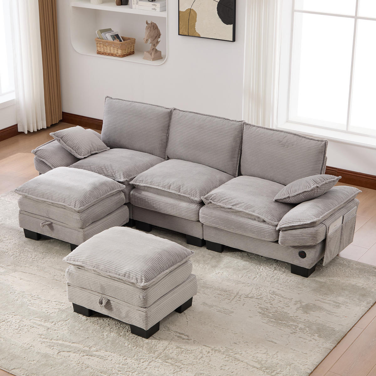 WOHNLANDSCHAFT Cord Hellgrau mit USB-C, Seitentaschen und mit 2 Hocker - Hellgrau, Holzwerkstoff/Kunststoff (260/84/132cm) - WISHDOR