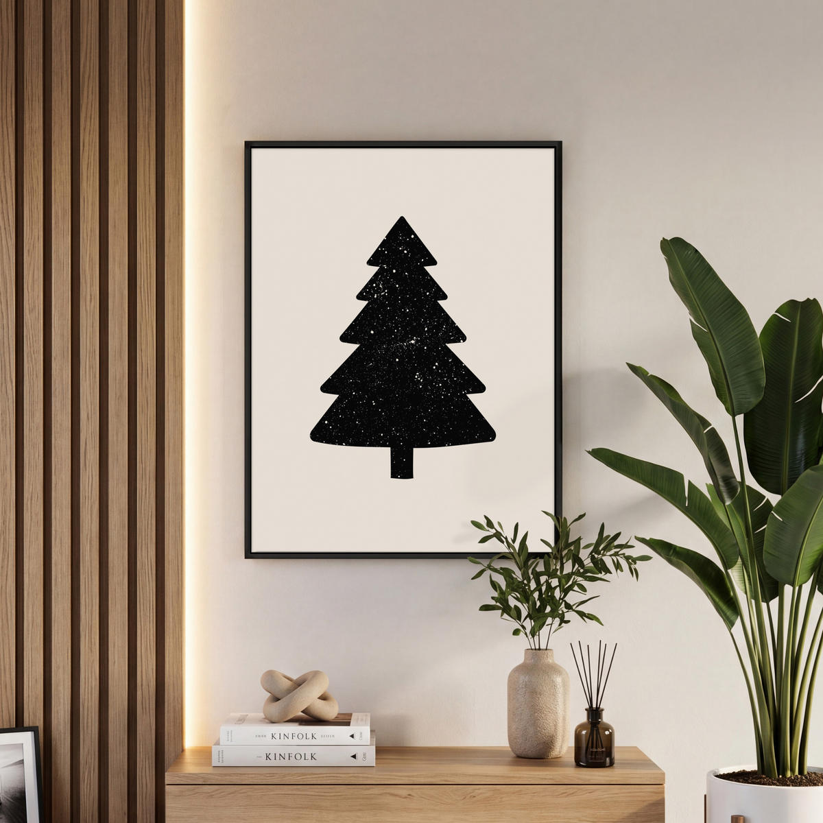 LEINWAND Bilder mit Rahmen - Weihnachtsbaum - Schwarz - Urlaub - Beige - 60x80 - Schwarz, Textil (60/80cm) - MuchoWow