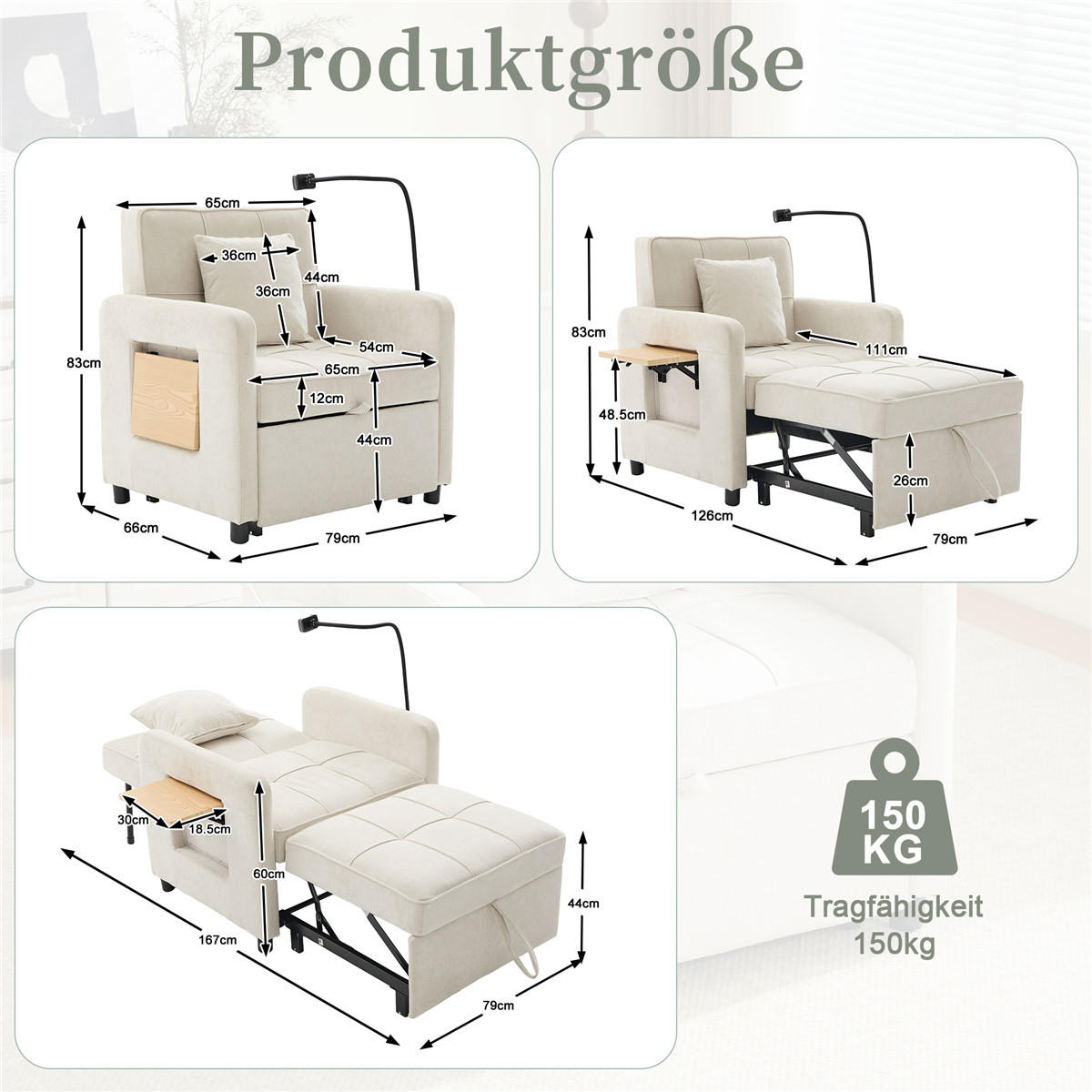 SCHLAFSESSEL 2-in-1 Chenille Einzelschlafsofa beige - Weiß, Textil (79/83/66cm) - Kaket