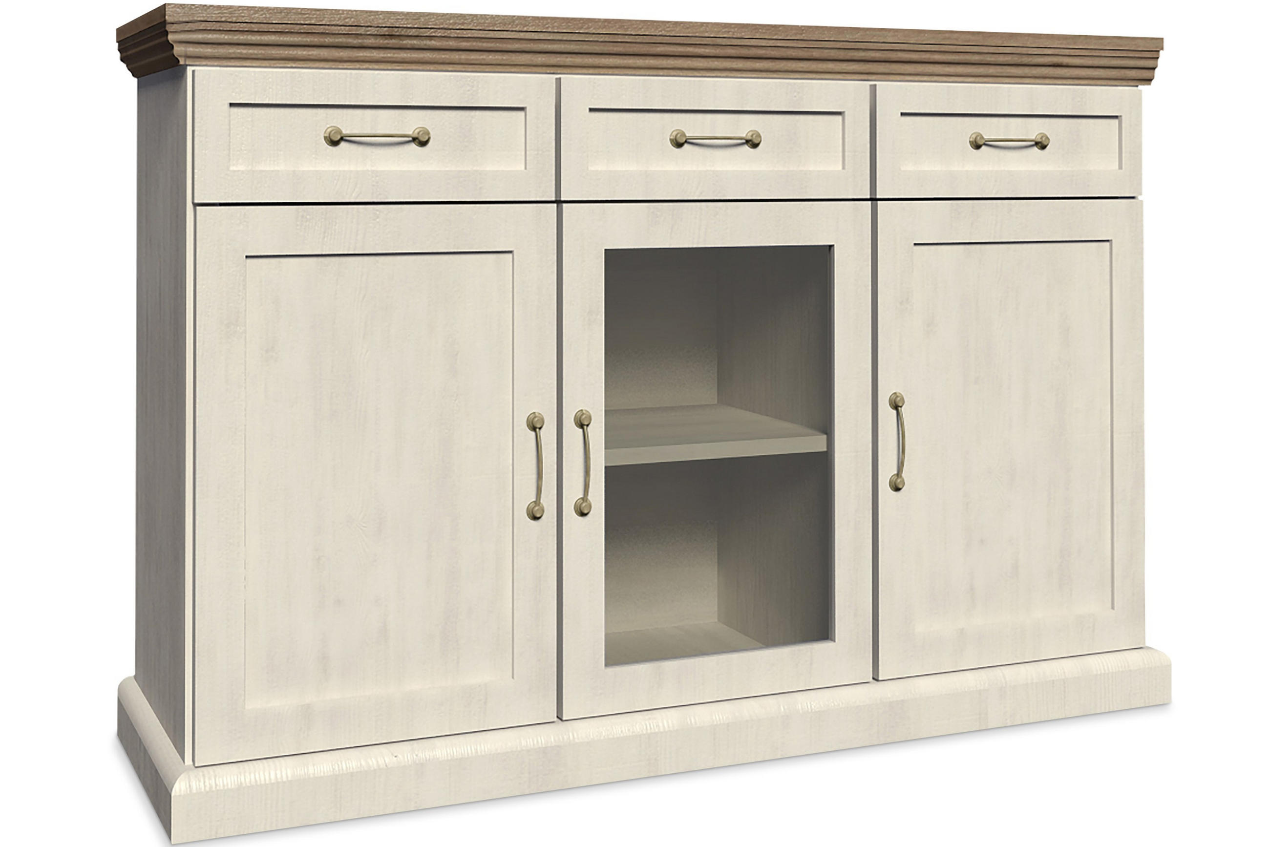 KOMMODE-MIT-VITRINENSCHRANK ARVEN mit Glastüren und Schubladen, Cremeweiß - Eichefarben/Creme, Holz (127/98/45cm) - KONSIMO®