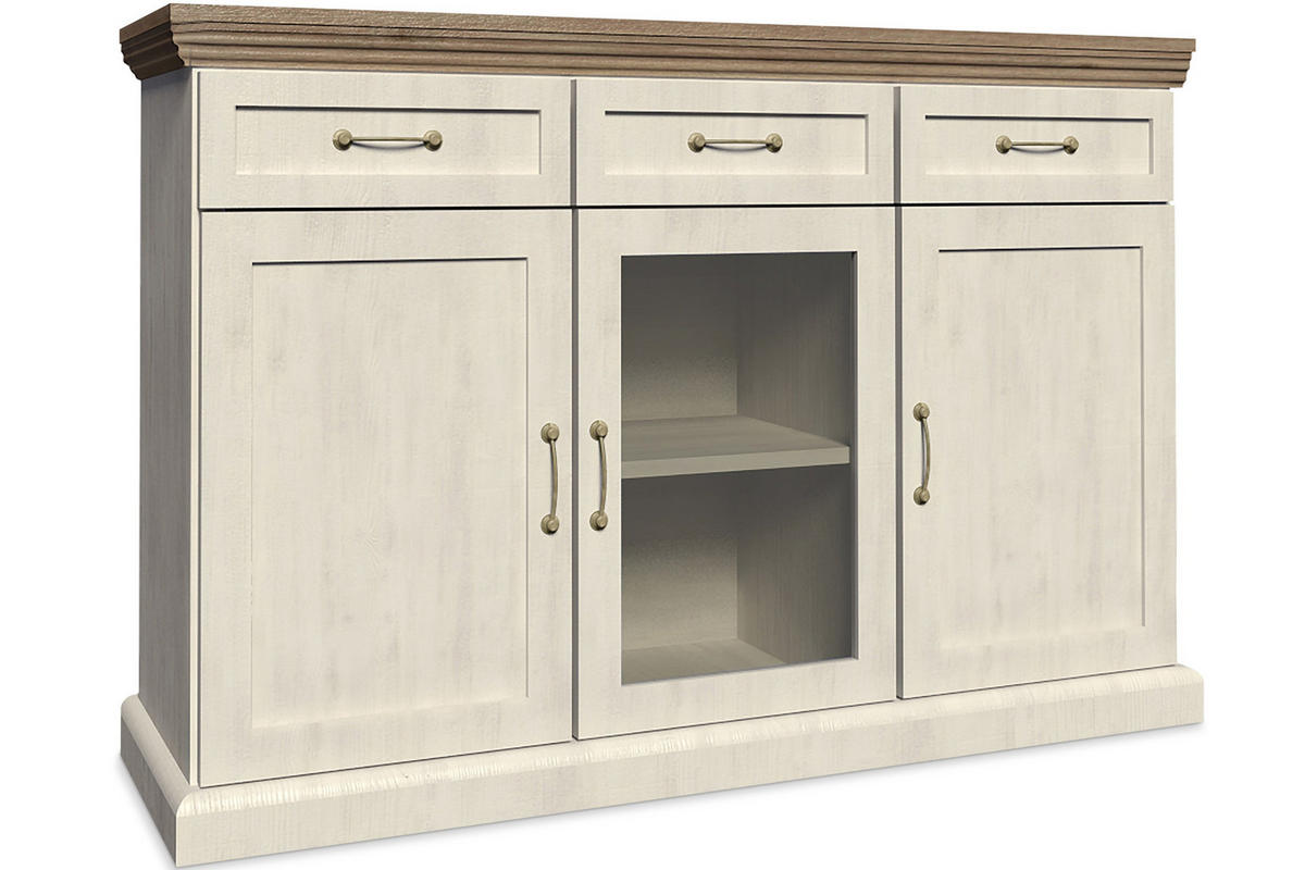KOMMODE-MIT-VITRINENSCHRANK ARVEN mit Glastüren und Schubladen, Cremeweiß - Eichefarben/Creme, Holz (127/98/45cm) - KONSIMO®