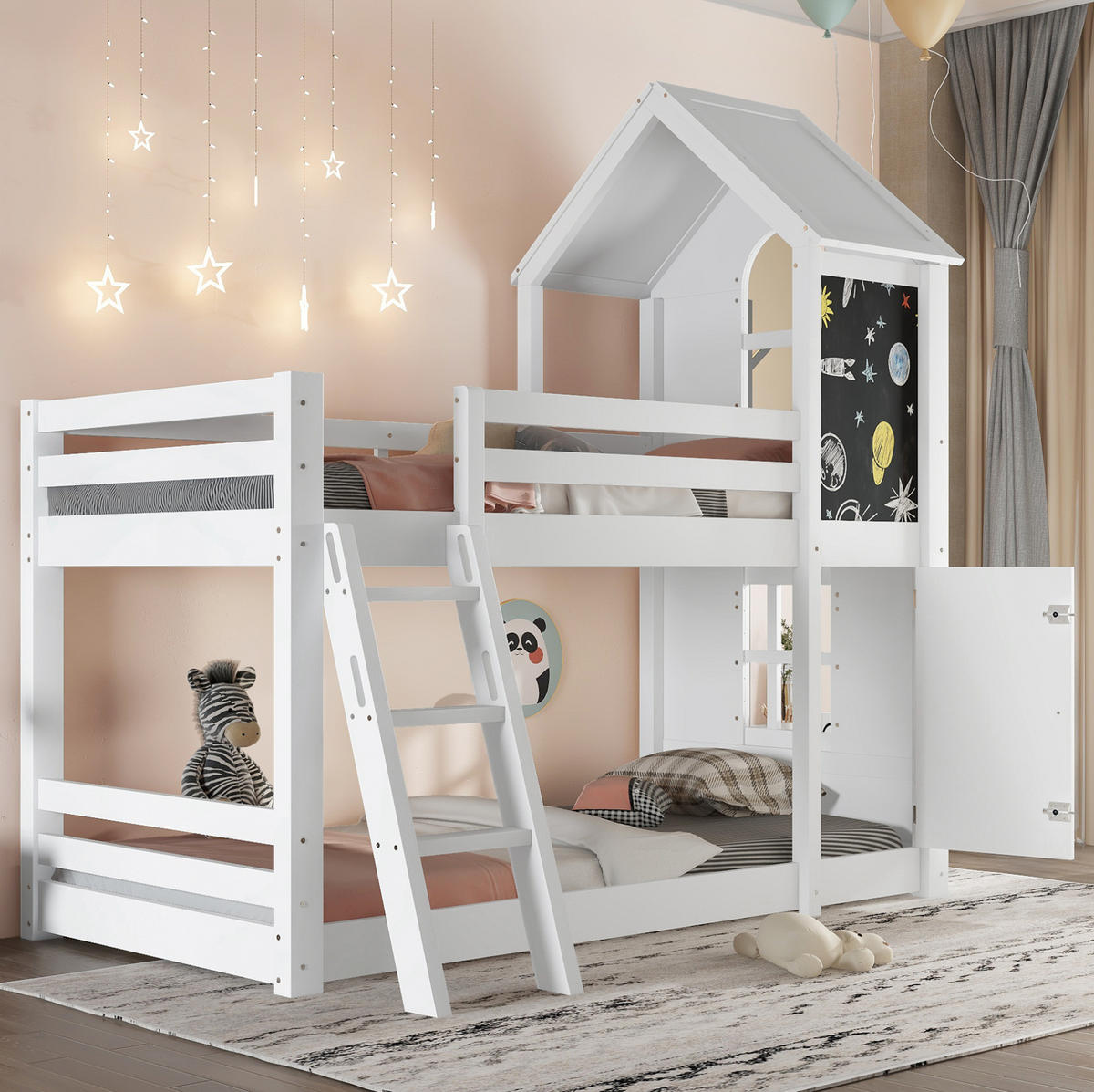 ETAGENBETT aus Kiefer und MDF 90x200 cm Weiß mit Tafel, kleiner Tür, Dach und schräger Leiter - Weiß, Holzwerkstoff (90/200cm) - Modfu