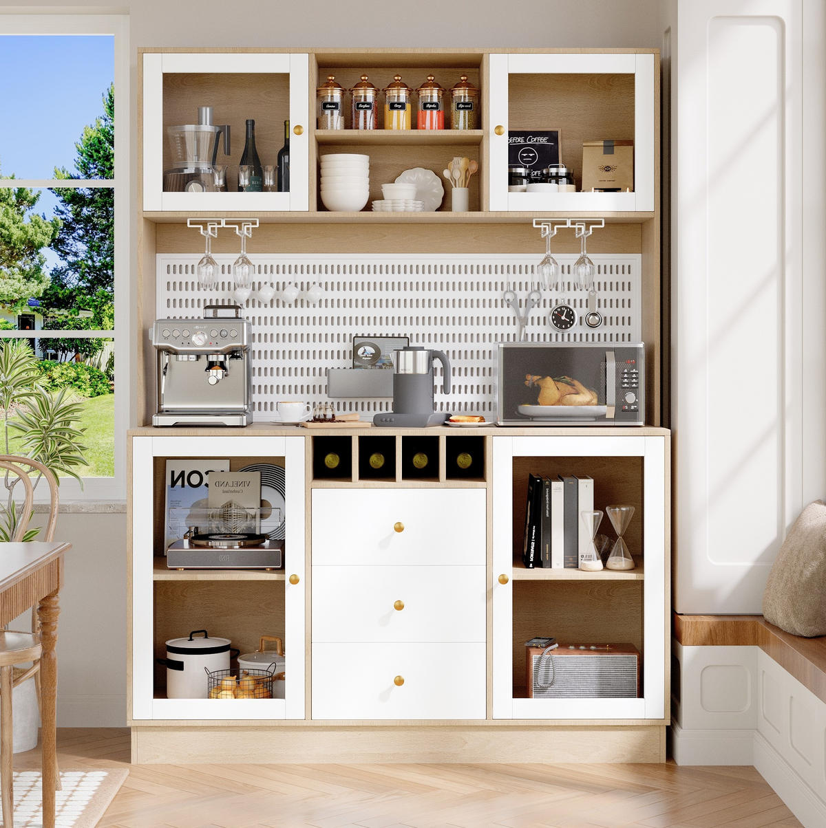 HOCHSCHRANK 140/40/185,7 cm mit LED-Beleuchtung, Weinregal, Glasfronten und verstellbaren Regalböden, Weiß - Weiß, Holzwerkstoff (140/185.7/40cm) - Redom