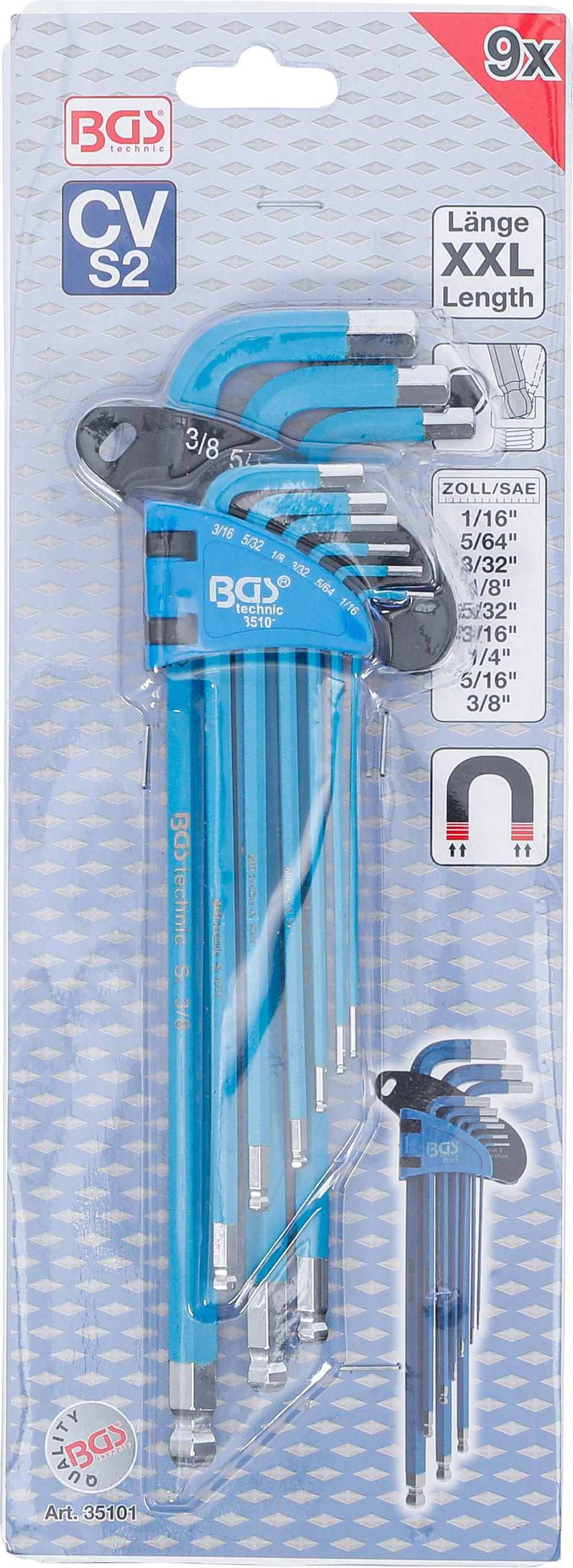 WINKELSCHLÜSSEL-SATZ | EXTRA LANG | INNENSECHSKANT | ZOLLGRÖSSEN | - Multicolor, Kunststoff/Metall (1/1cm) - BGS technic